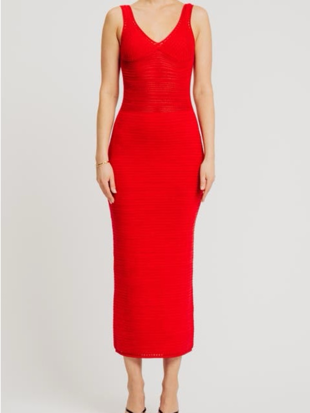 Torn by Ronny Kono Red Sleeveless V-Neck Ribbed Midi Dress